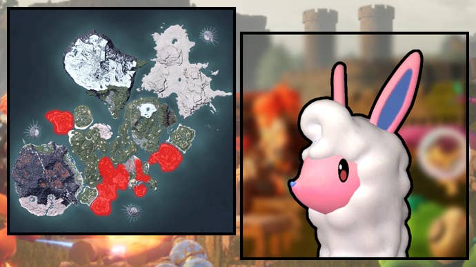 A screenshot of a Melpaca in Palworld, next to a heatmap of their spawn locations.