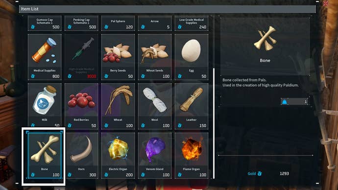 palworld, the merchant ’s menu is open with the buy bones option highlighted