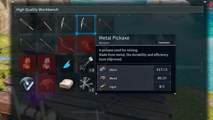 palworld metal pickaxe high quality workbench recipe menu