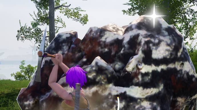 a purple haired character mining a large sparkling ore deposit