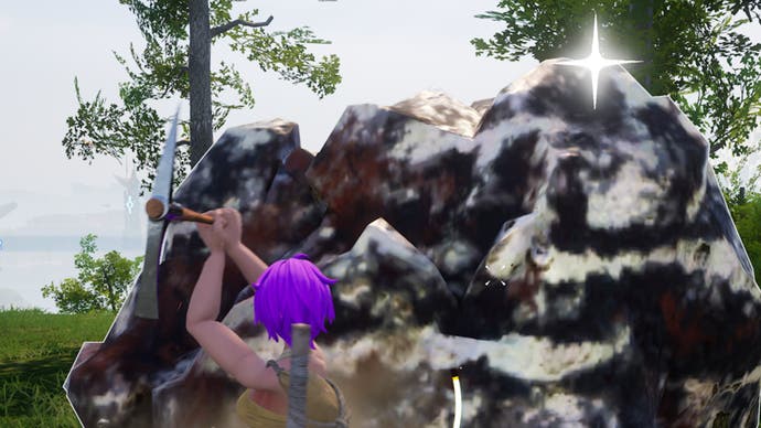 a purple haired character mining a large sparkling ore deposit