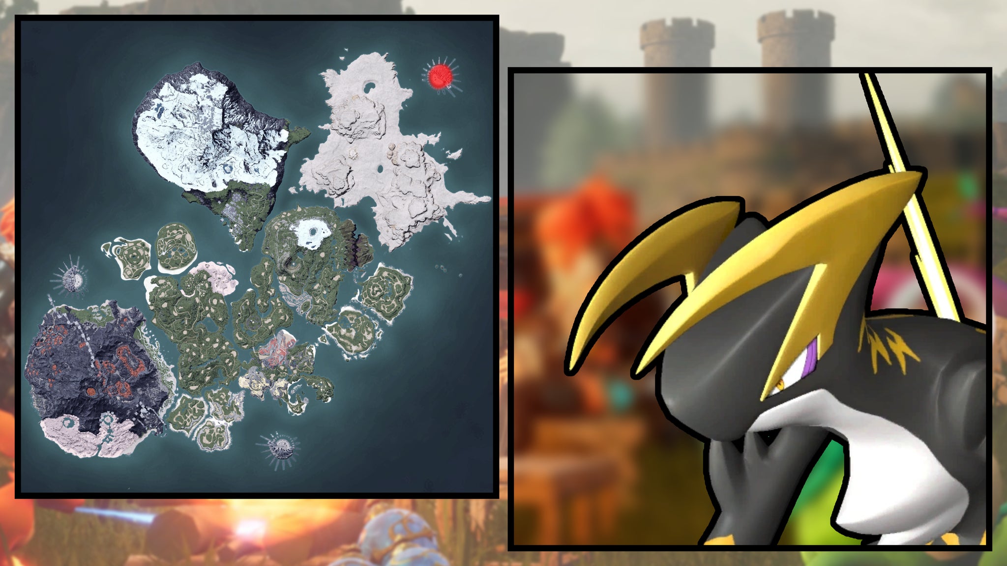 A screenshot of an Orserk in Palworld, next to a heatmap of their spawn locations. - 134