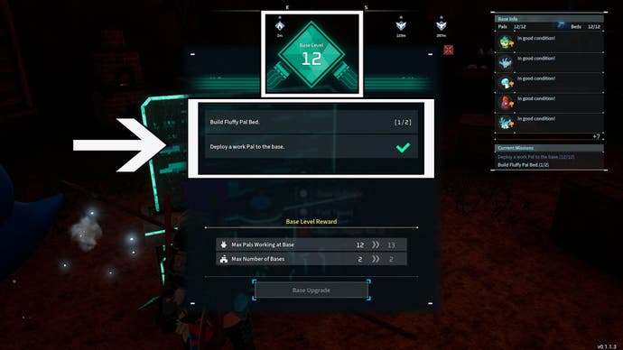The image shows the base level and tasks have been highlighted in the palbox upgrades menu