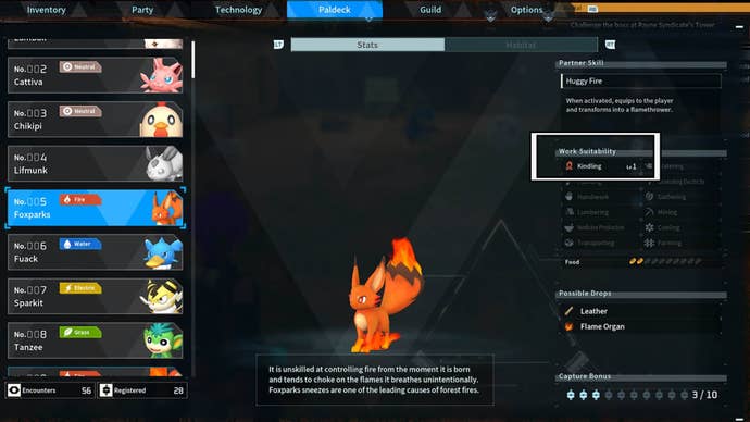 palworld paldex menu foxparks kindling level