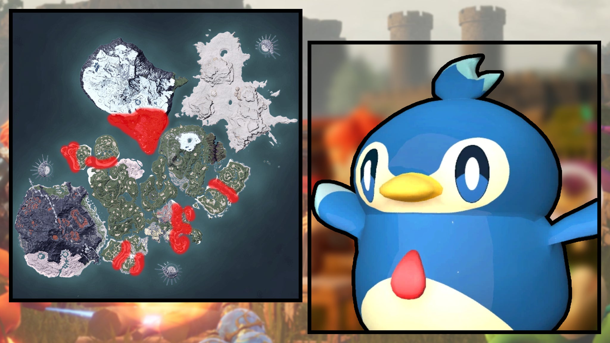 A screenshot of a Pengullet in Palworld, next to a heatmap of their spawn locations. - 13