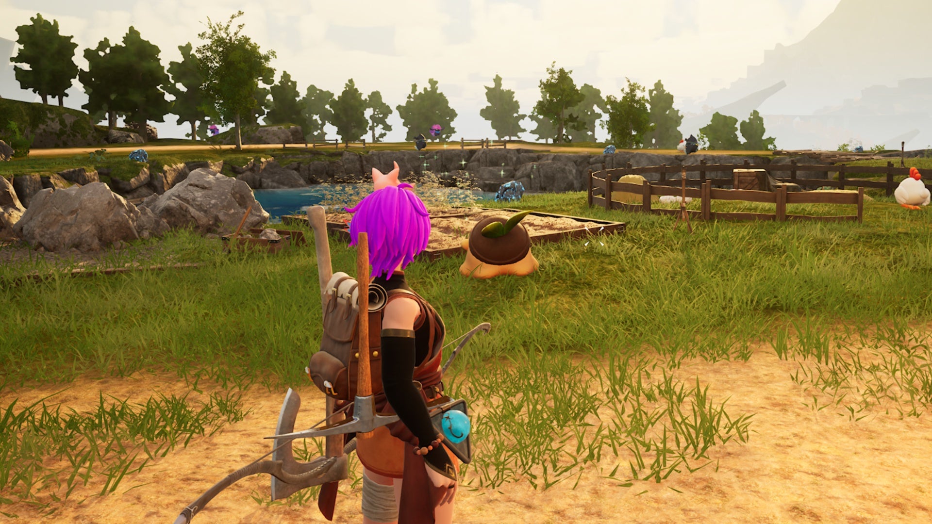 palworld player facing gumoss seeding berry patch