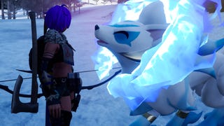 palworld purple haired player facing kitsun in the snow