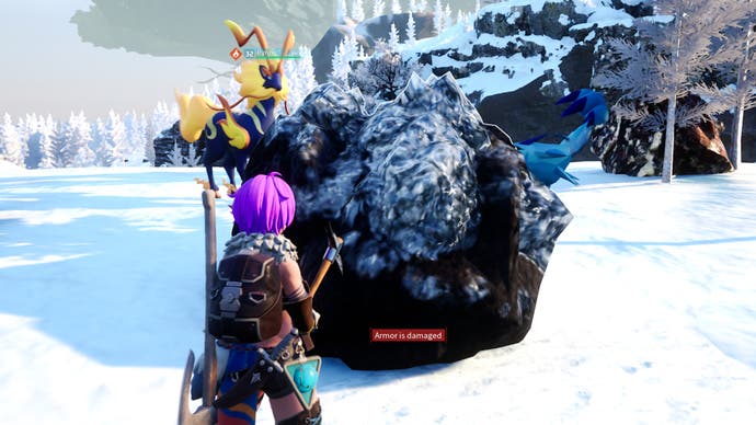 In Palworld, a purple haired player is facing a pure quartz deposit with pickaxe and pyrin is in the background.