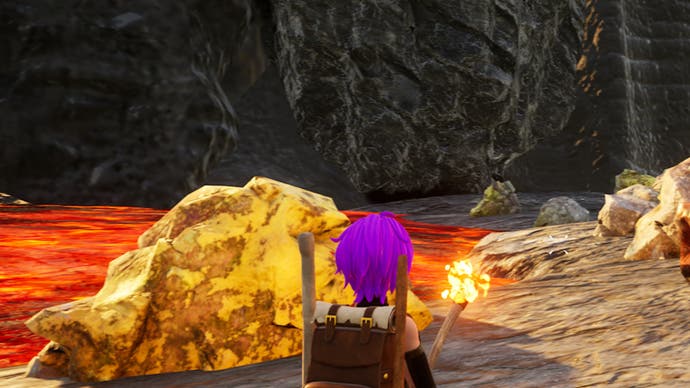 palworld player looking at sulfur deposits near lava