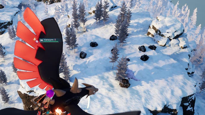 palworld player on vanwyrm looking down at a rich pure quartz spawn in the snow.
