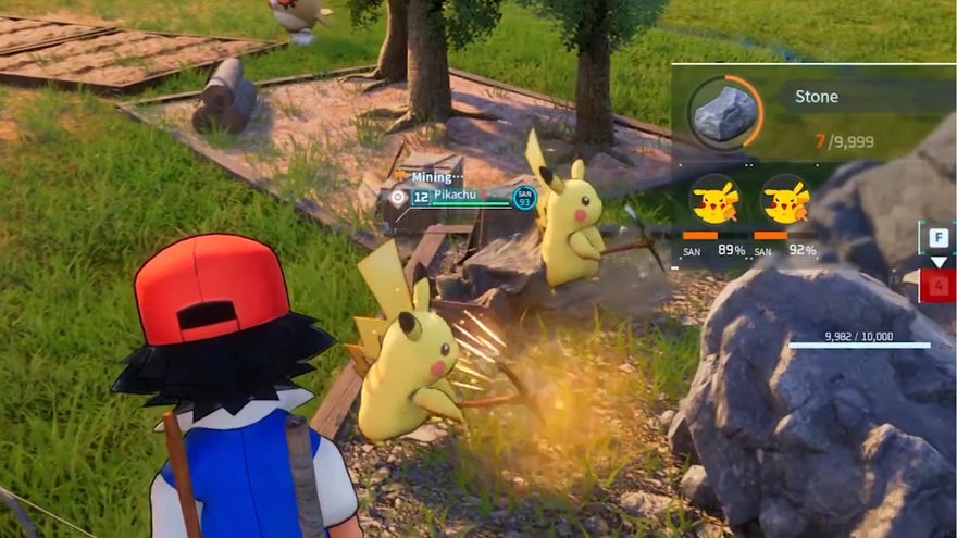 Pikachu mining while Ash Ketchum watches on in a Pokemon mod for Palworld