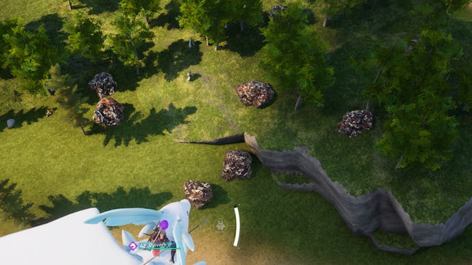 In palworld, a white quivern dragon and a player riding it are overlooking ore deposits in mossanda forest