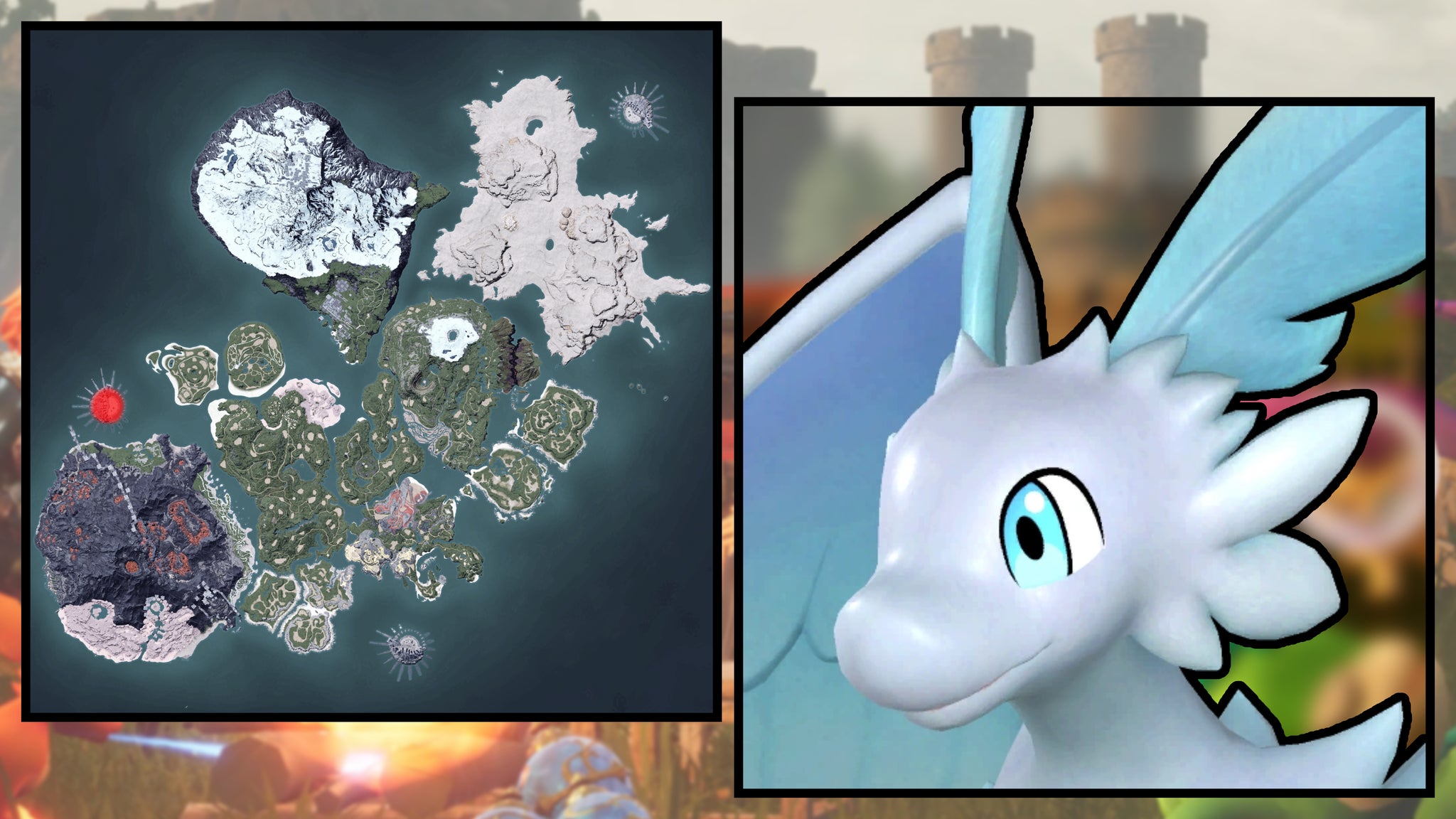 A screenshot of a Quivern in Palworld, next to a heatmap of their spawn locations. - 120