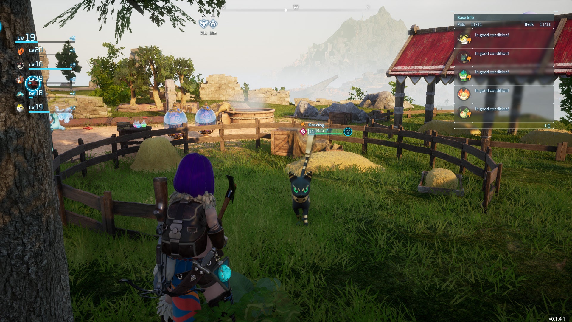 A player in Palworld stands in front of a Ranch in their base, where a Mau is grazing. - 1