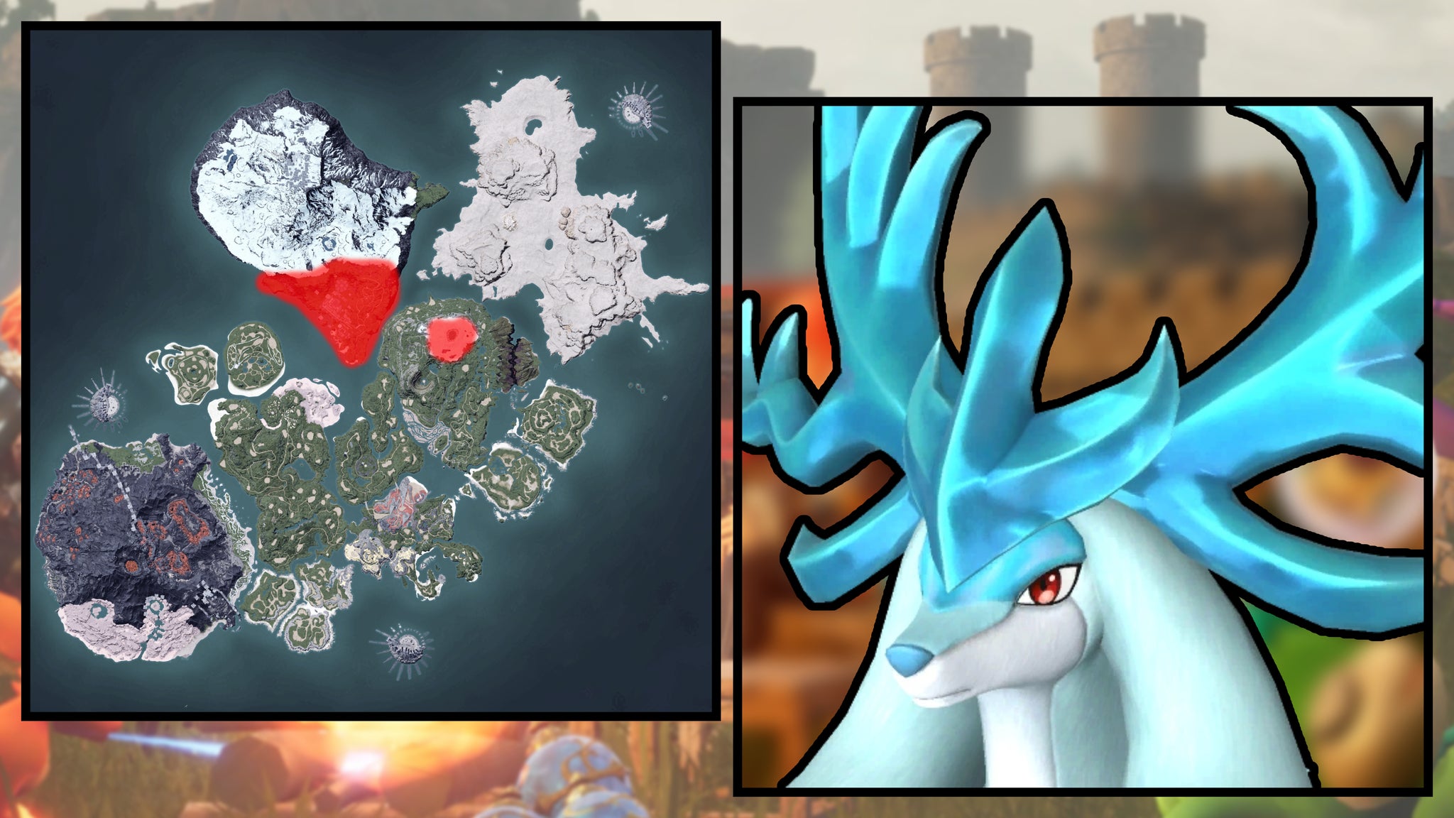 A screenshot of a Reindrix in Palworld, next to a heatmap of their spawn locations. - 72