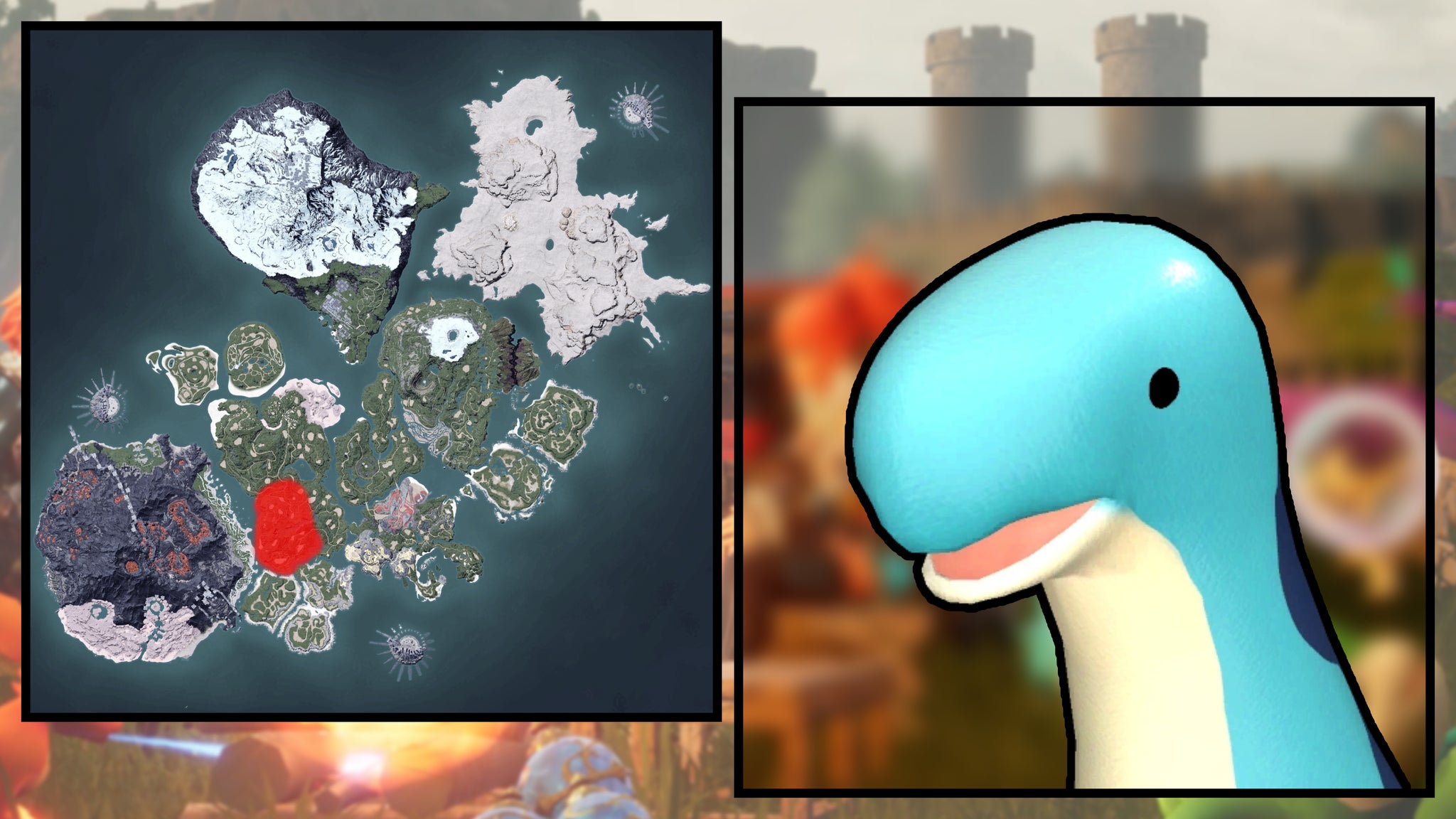 A screenshot of a Relaxaurus in Palworld, next to a heatmap of their spawn locations. - 104