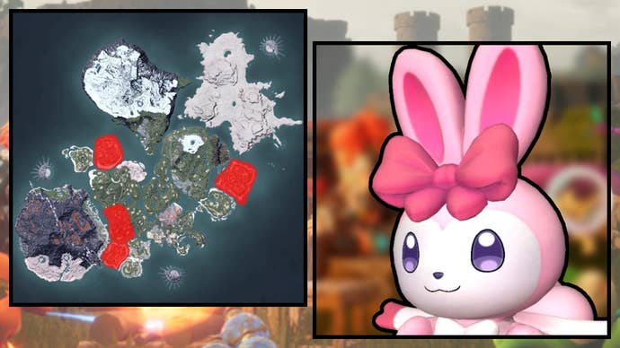 A screenshot of a Ribbuny in Palworld, next to a heatmap of their spawn locations.