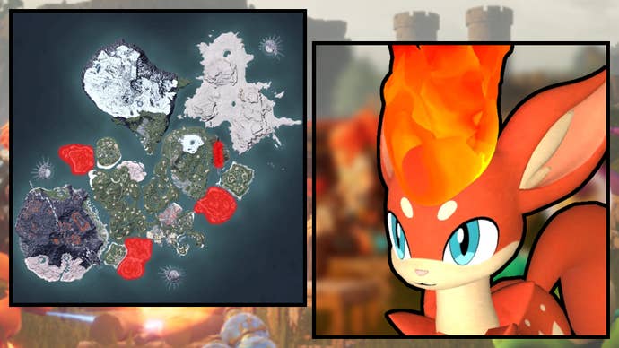 A screenshot of a Rooby in Palworld, next to a heatmap of their spawn locations.