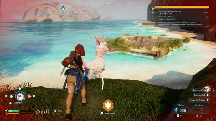 A woman attacks a monster with a spear by the beach in Palworld