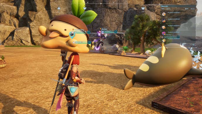 A female character hoists a forest monster in the air in Palworld