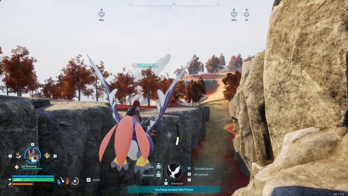 A female character rides a giant bird in Palworld