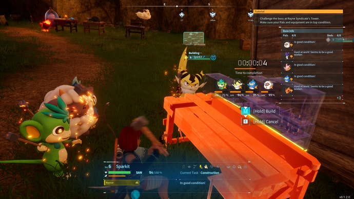 A human and several monsters all help craft a bench in Palworld