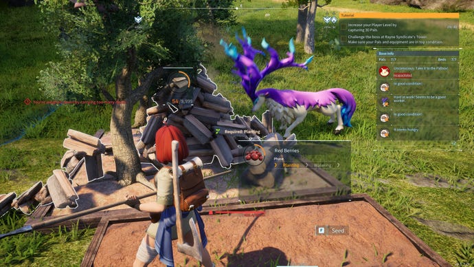 A purple deer crouches in front of a large pile of timber in Palworld