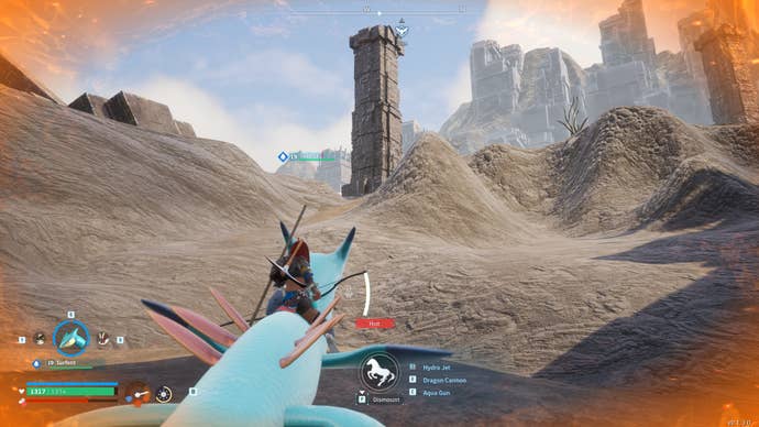 A woman rides a sea serpent up a bland volcanic hill in Palworld