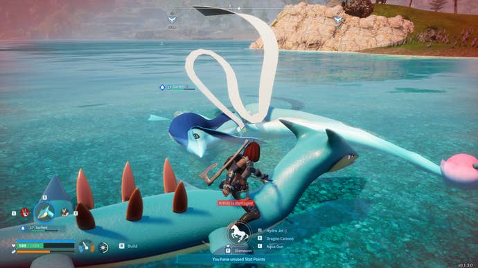 A woman rides a sea serpent, having killed another sea serpent in Palworld,