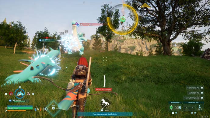 A woman runs up a hill as a sea serpent attacks a blue dragon in Palworld