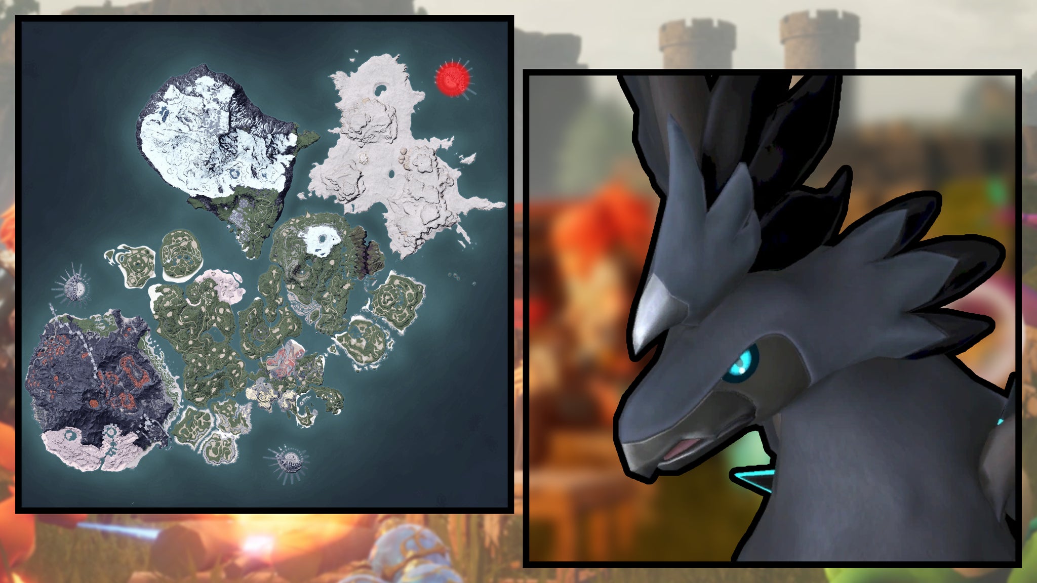 A screenshot of a Shadowbeak in Palworld, next to a heatmap of their spawn locations. - 135