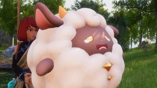 A female player character holds up a giant crying sheep as a shield in Palworld