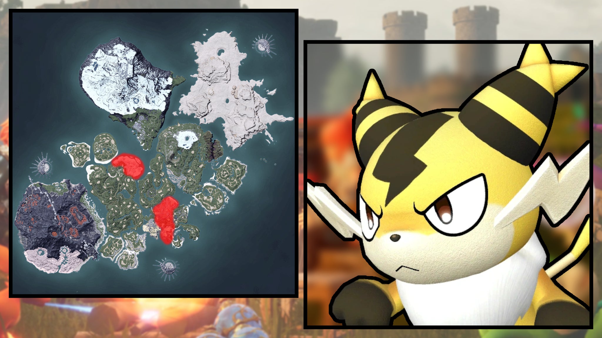 A screenshot of a Sparkit in Palworld, next to a heatmap of their spawn locations. - 10