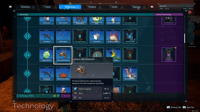 In Palworld, the sphere workbench recipe has been highlighted in the technology tree