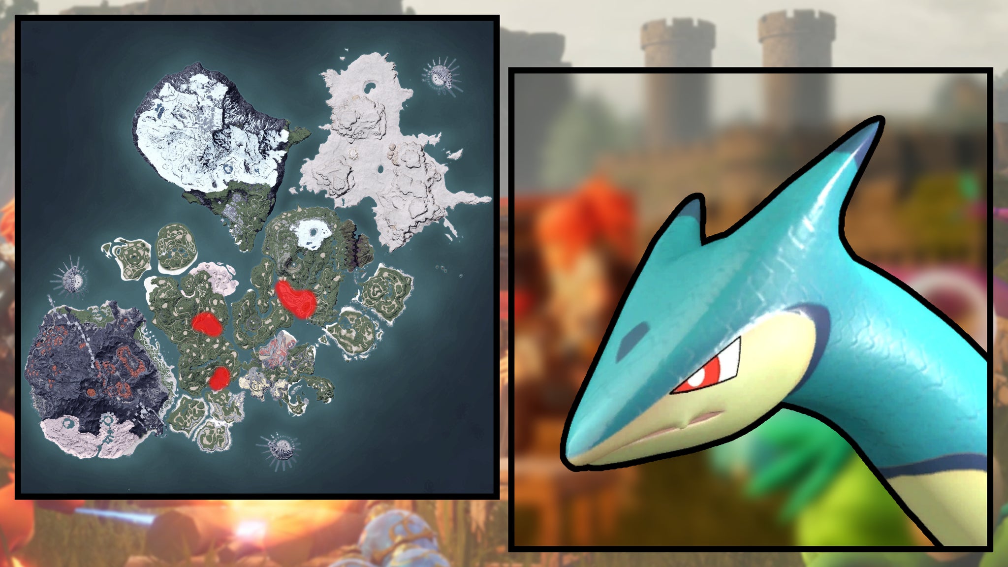 A screenshot of a Surfent in Palworld, next to a heatmap of their spawn locations. - 79