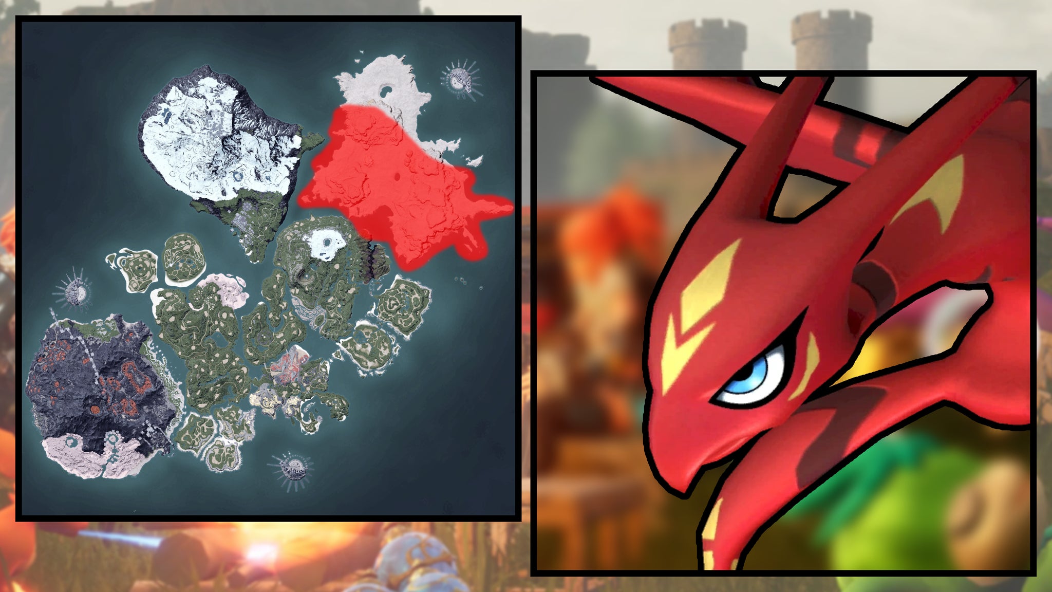 A screenshot of a Suzaku in Palworld, next to a heatmap of their spawn locations. - 128