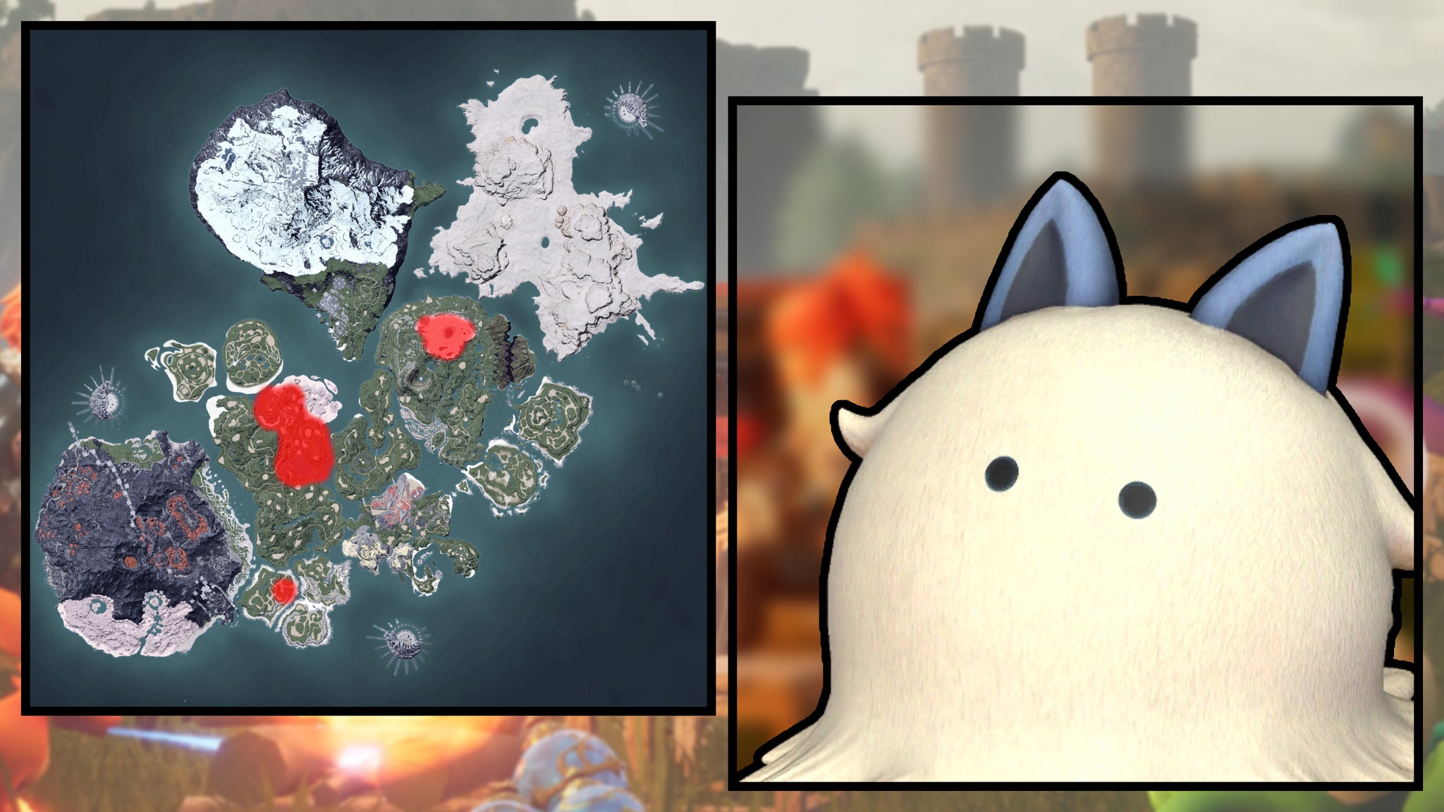 A screenshot of a Swee in Palworld, next to a heatmap of their spawn locations. - 65