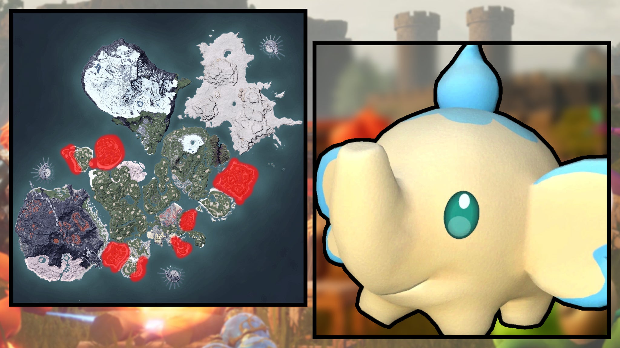 A screenshot of a Teafant in Palworld, next to a heatmap of their spawn locations. - 20