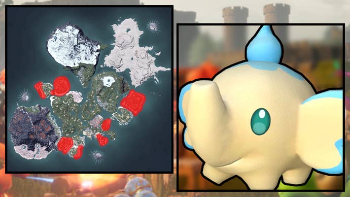 A screenshot of a Teafant in Palworld, next to a heatmap of their spawn locations.