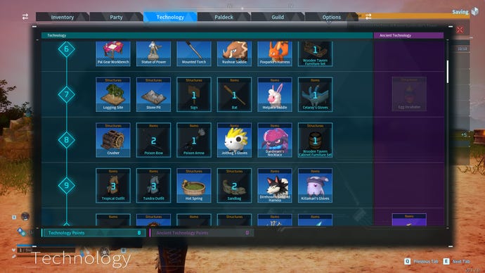 Palworld screenshot of the Technology menu