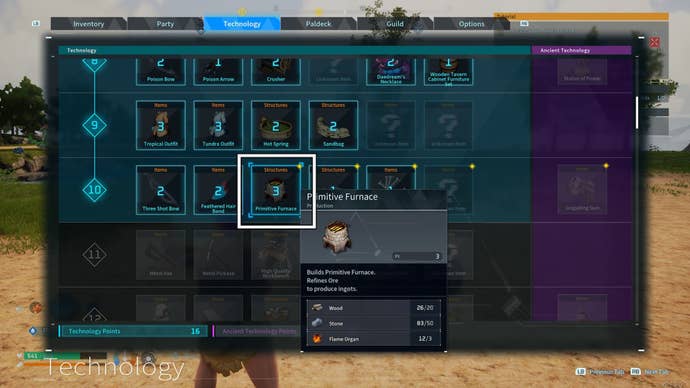 palworld technology screen primitive furnace unlock option