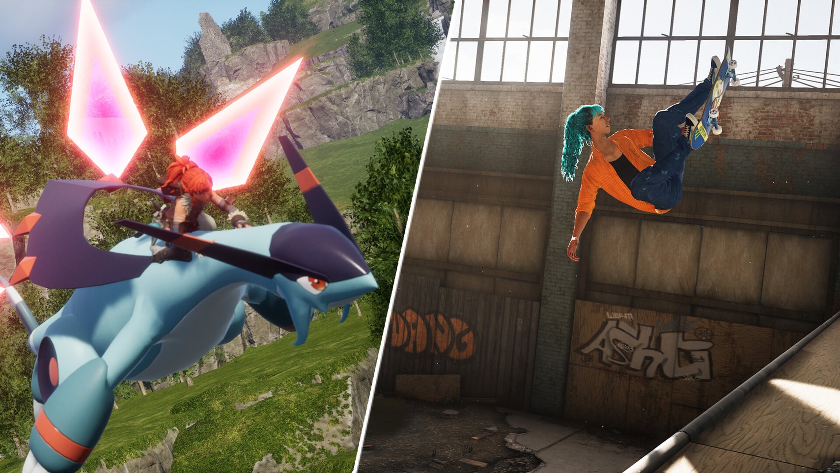 A player riding a Pal in Palworld alongside someone skateboarding in Tony Hawk's Pro Skater™ 1 + 2. - 1