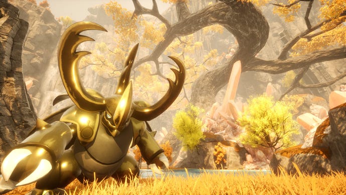 A golden stag beetle pal wanders through an autumnal forest zone.
