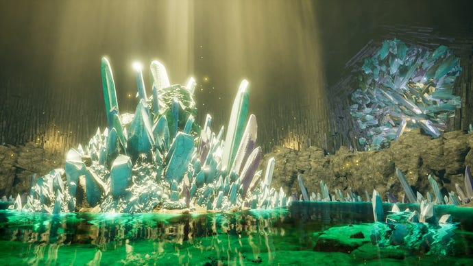 The inside of a crystalline cave. A large crystal crop sits atop azure waters, with the suns rays shining over it.