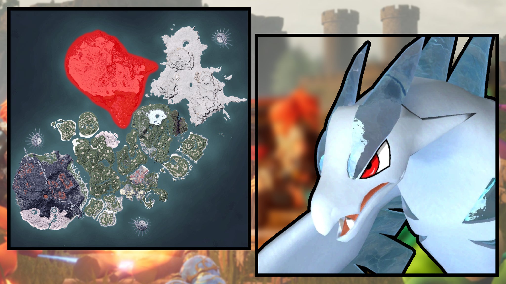 A screenshot of a Vanwyrm Cryst in Palworld, next to a heatmap of their spawn locations. - 87