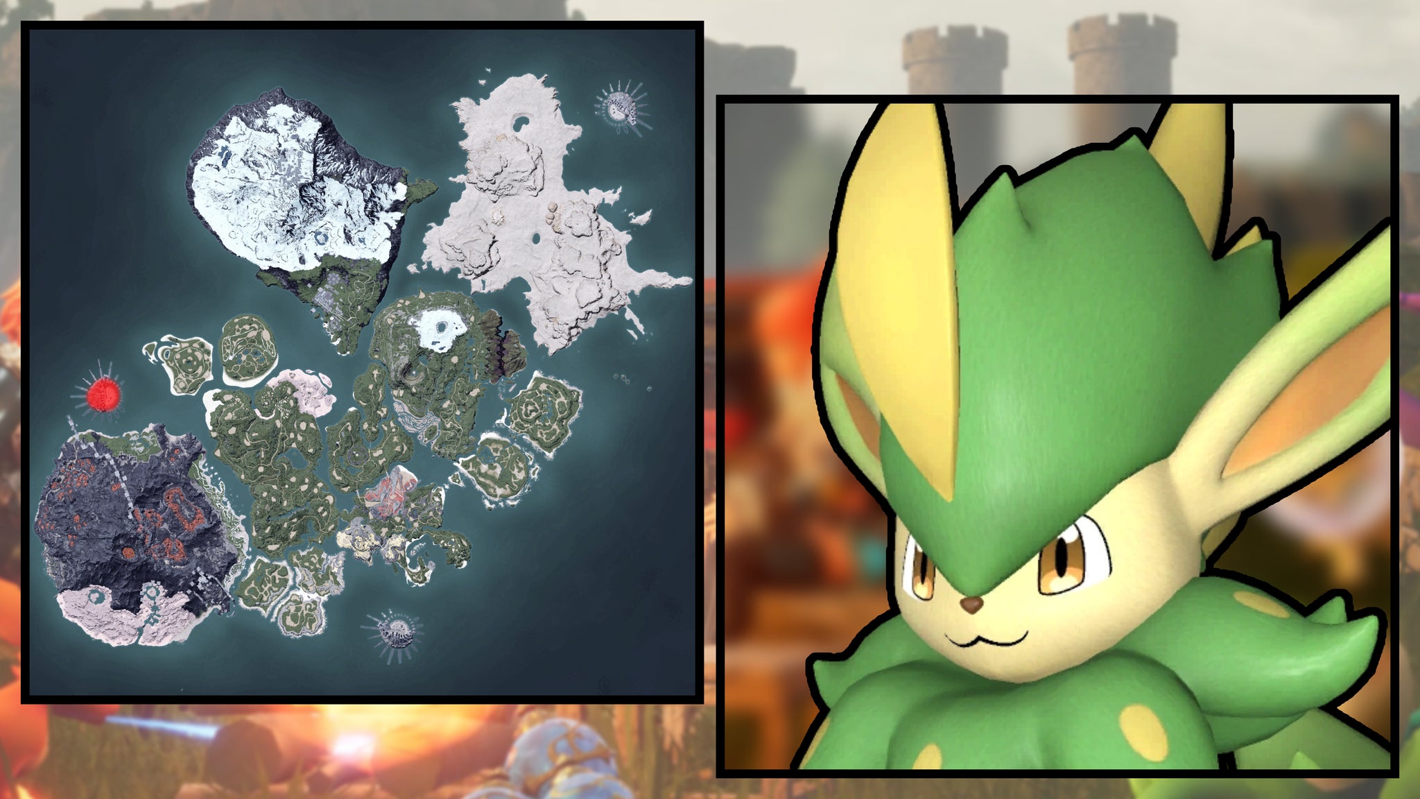 A screenshot of a Verdash in Palworld, next to a heatmap of their spawn locations. - 93