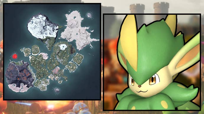 A screenshot of a Verdash in Palworld, next to a heatmap of their spawn locations.