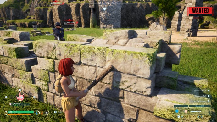 A PIDF guard pursues a female player character hiding behind a wall in Palworld