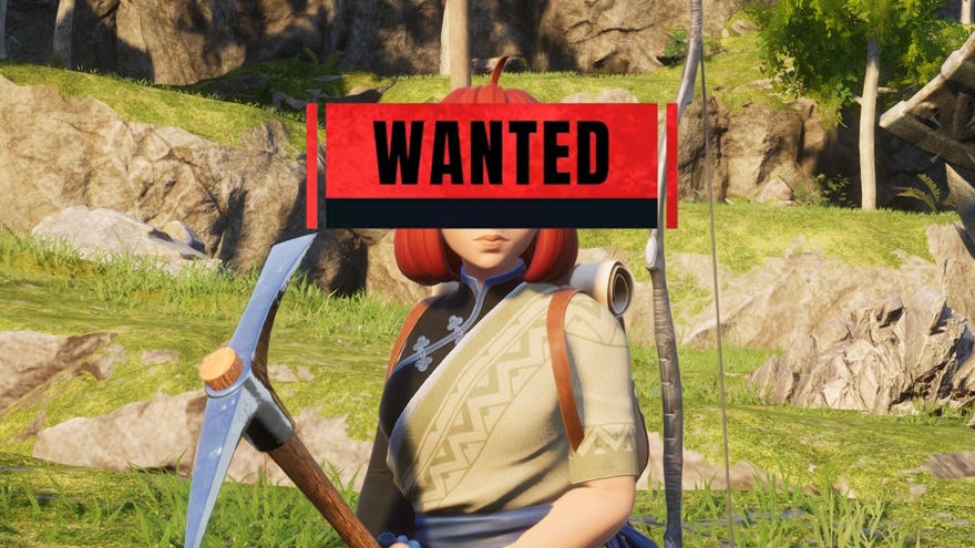A female character from Palworld with a big red and black WANTED sign over their face