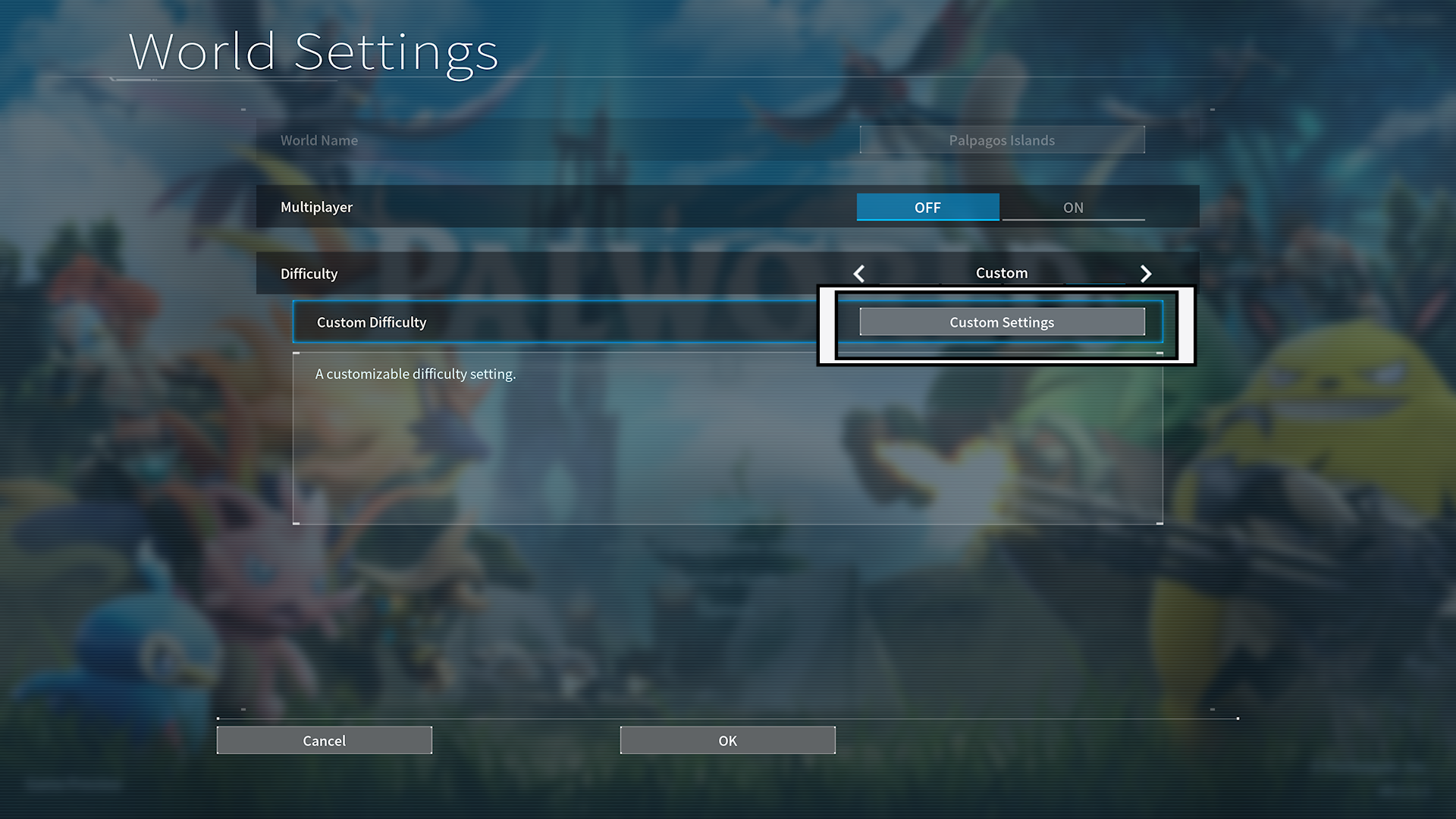 palworld world settings custom setting option highlighted